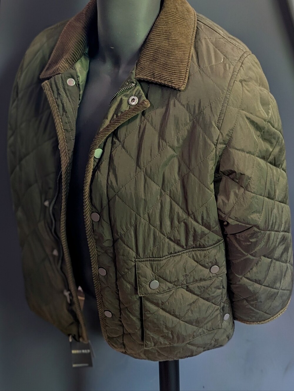Lauren Ralph Lauren Olive Quilted Lightweight Jacket with Corduroy Collar